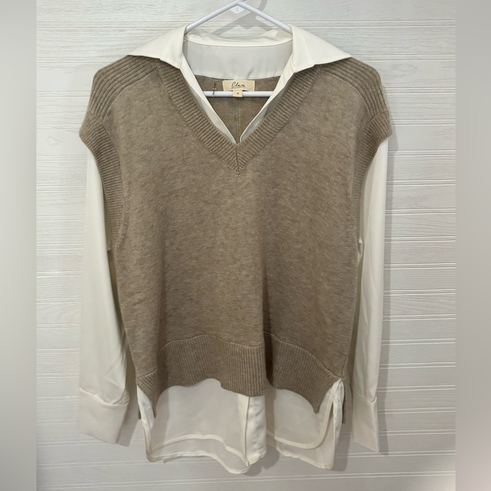 Elan Tan V-Neck Sweater Vest with Attached White Collared Blouse